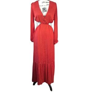 En Crème Red Long Sleeve Maxi Dress Women's M Deep V Neck, Open Waist Boho Party